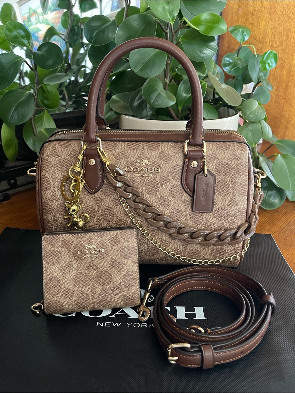 Coach Rowan Satchel Bag Brn/Tan Signature Canvas with Matching Wallet